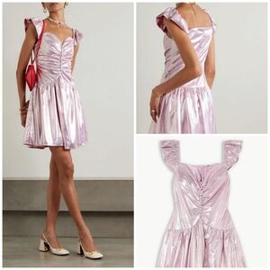NWOT Batsheva Wendy Ruched Holographic Lamé Mini Dress In Baby Pink